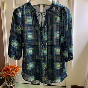 Vera Wang Junior Princess V-Neck Blue Plaid 3/4 Elastic Sleeve Tie Sz L/13